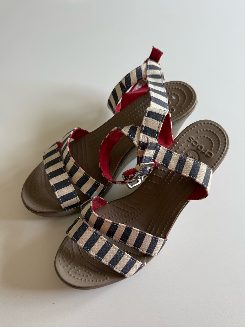 CROCS Women's Navy and Cream Striped Sandals with Red Accents